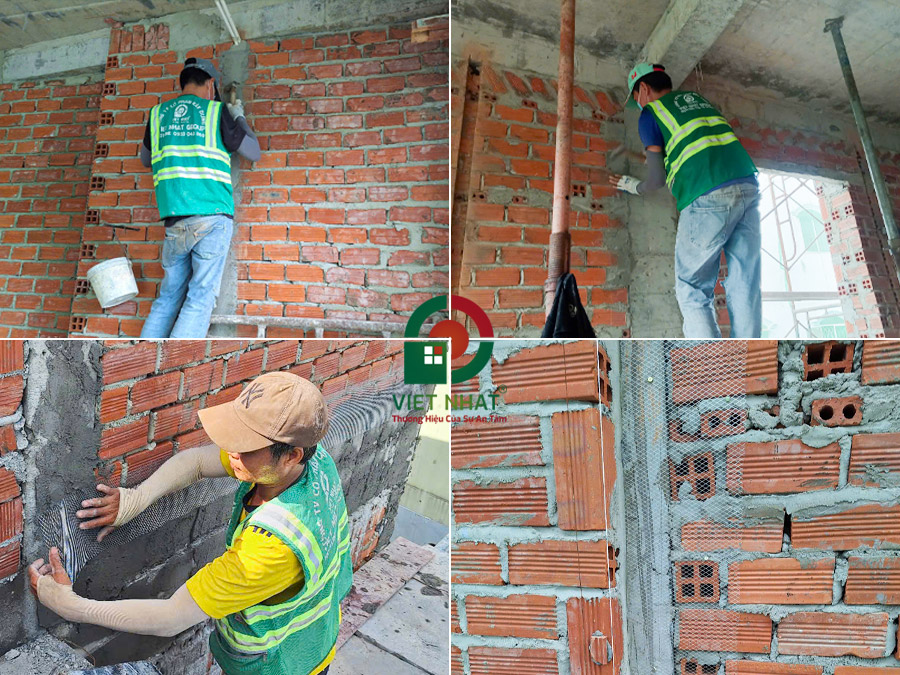 Hình ảnh thi công đóng lưới mắt cáo tô tường chống nứt