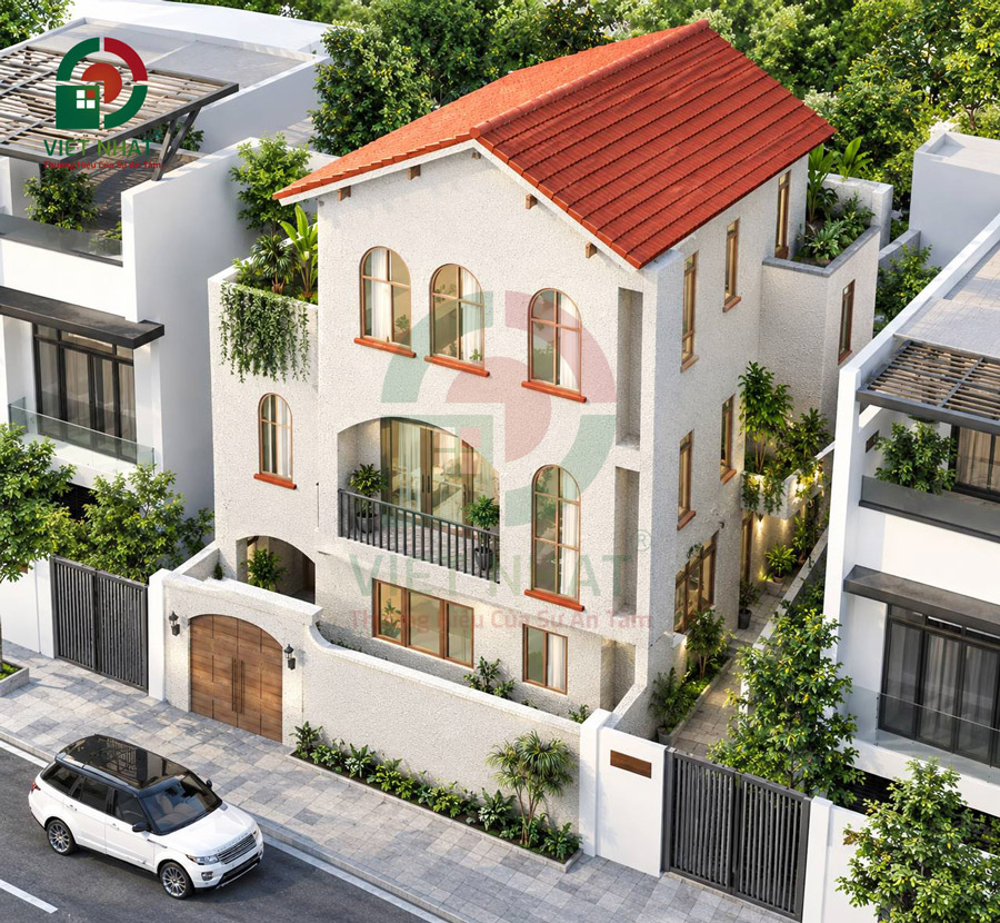 Mẫu nhà phố nổi bật với mái ngói và cửa vòm