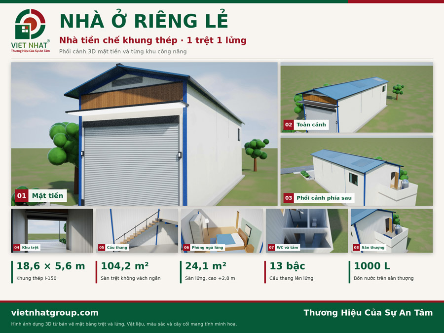 Xây Nhà Anh Đào – Nhà Tiền Chế Cấp 4 Có Gác Lửng 6x19m