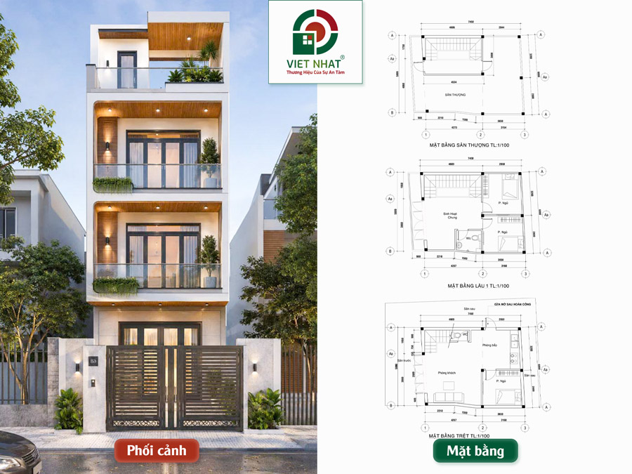 Xây Nhà Anh Phước – Nhà Phố 1 Trệt 2 Lầu Sân Thượng 6x8m 