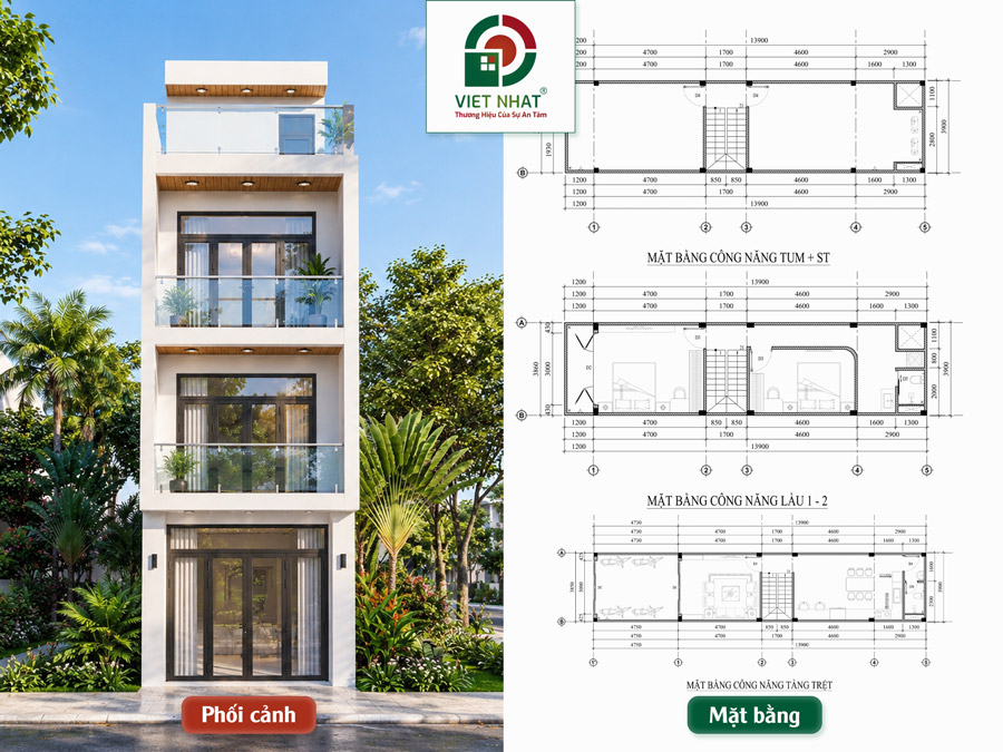 Xây Nhà Anh Thi – Nhà 1 Trệt 2 Lầu Tum Sân Thượng 4x14m 